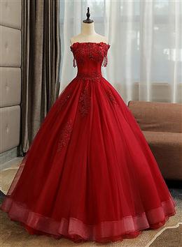 Picture of Glam Wine Red Color Quinceanera Dresses Party Dresses, Tulle Long  EmbroideRed Color with Flowers Formal Dresses